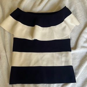 NWT Ann Taylor Stripe off shoulder sweater. Sz petite M. Dark navy Blue white